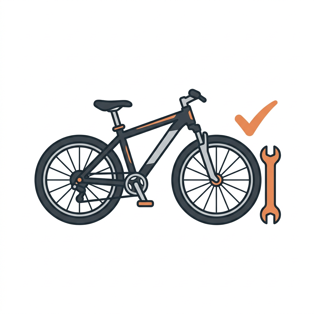 Reunaton clipart-kuvitus polkupyörän ensihuollosta: polkupyörä, huoltotyökalu ja tarkistusmerkki