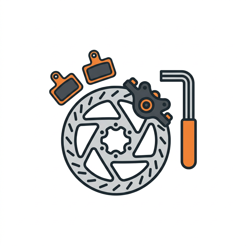 Clipart-kuvitus polkupyörän jarruhuollosta: jarrulevy, jarrusatula, jarrupalat ja kuusiokoloavain